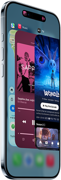 iPhone Air, front exterior, side exterior, thin profile, Dynamic Island centered near top, App Switcher feature in use, buttons: Action, volume